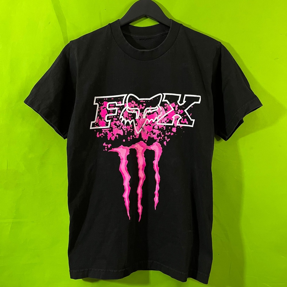 Fox Racing Monster Energy T-Shirt Mens Small Black Pink Splatter Motocross Tee